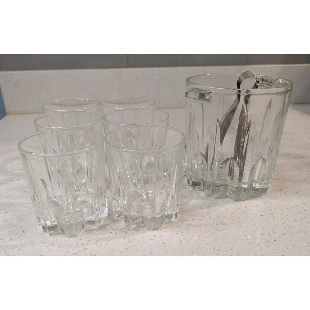 Clear Glass Ice Bucket Set 6 Glasses Italy-Made Tongs